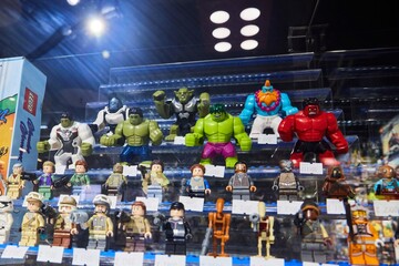 Fototapeta premium Moscow, Russia. - June 23, 2025: Lego construction kit, old models. Collection of the famous toy series