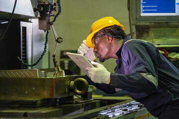 Machinist inspecting metal component industrial workshop photography manufacturing environment...