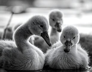Fototapeta premium Three fluffy cygnets huddled together on water in grayscale, soft focus background