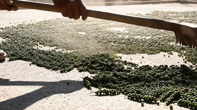 A farmer uses a wooden rake to spread and turn fresh green peppercorns on a concrete floor for sun drying, a traditional agricultural method to produce black pepper spice in Indonesia