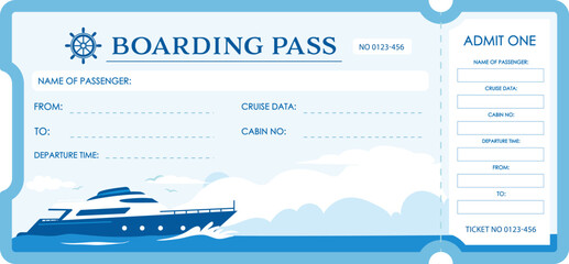 Cruise boarding pass ticket template with ship illustration and nautical design. Travel ticket with passenger details, cabin number and departure time. © Alta