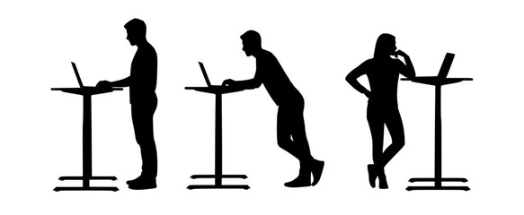 Silhouettes of people working at standing desks in various poses