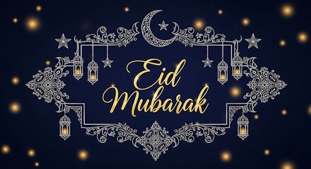 Naklejka premium Eid Mubarak greeting card with lanterns and crescent moon on dark background