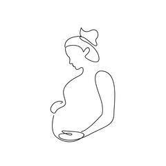 Obraz premium Continuous Line Art Drawing of Pregnant Woman Holding Belly Looking Down