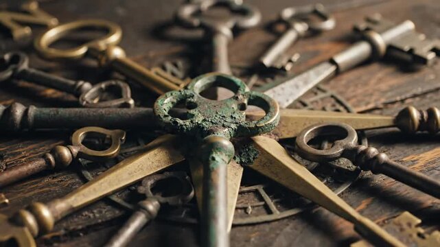Vintage Keys Arranged in Starburst Pattern, Antique Rusty Treasure Lock Metal Objects