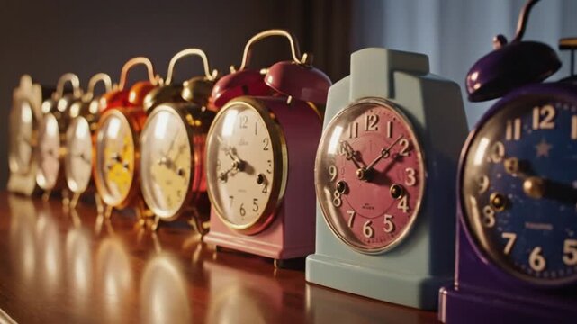 Collection of Vintage Alarm Clocks in a Row, Retro Timekeeping Collection