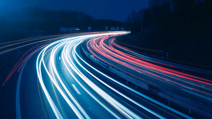 Long exposure light trails illuminate a curving highway at dark.