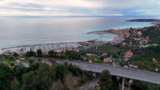 Aerial view of menton on the french riviera with traffic