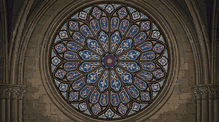 Obraz premium Elegant stained glass rose window in a gothic stone archway with blue purple and clear glass panels