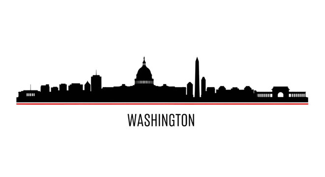 Black silhouette of the washington dc city skyline featuring the capitol building and monument