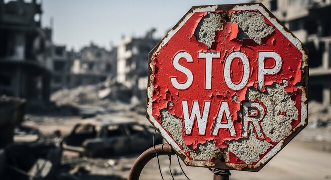 Rusty Red Stop War Sign Standing Amidst the Devastation of a Bombed City, Symbolizing a Plea for Peace and an End to Conflict