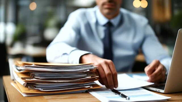 Businessman busy with paperwork in office, professional handling documents, office administrative work, desk paperwork management, corporate document processing, faceless person