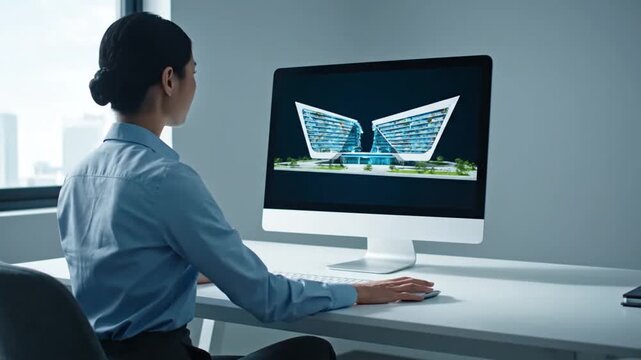 Architect views building model.