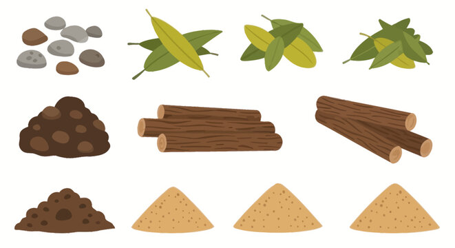 Flat Vector Natural Resources  Construction Materials Collection: Rocks, Soil, Logs, Leaves, Sand
