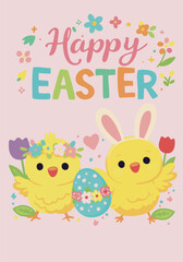 Obraz premium Cute Happy Easter card with flowers, eggs and yellow chicks