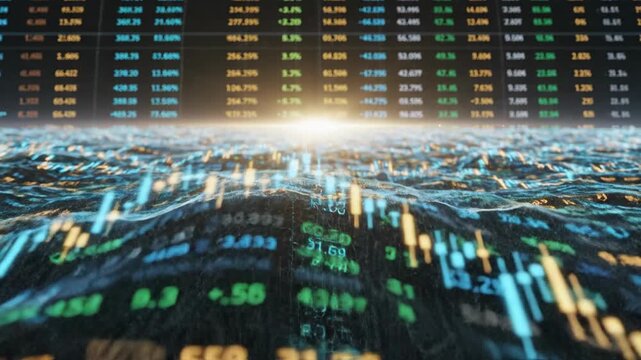 Futuristic data visualization of digital ocean with glowing, flowing graph. Dynamic complex network information on an abstract background