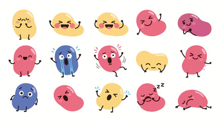 Naklejka premium Cute cartoon beans with emotions, flat vector illustration