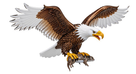 Fototapeta premium Eagle soaring with fish in its talons against a white background 