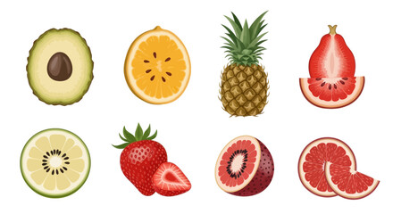 Fototapeta premium Realistic Sliced Fruits Collection: Avocado, Orange, Pineapple, Strawberry, Kiwi, Grapefruit