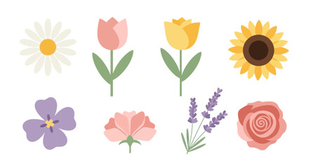 Naklejka premium Flat illustration of 8 colorful flowers on white background
