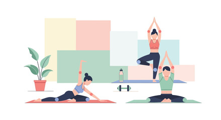Fototapeta premium Collection of women in different yoga poses for health and wellness.