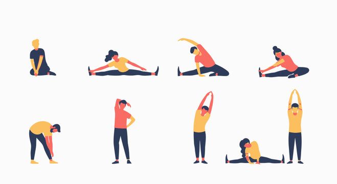 Collection of diverse people performing various stretching and flexibility exercises.
