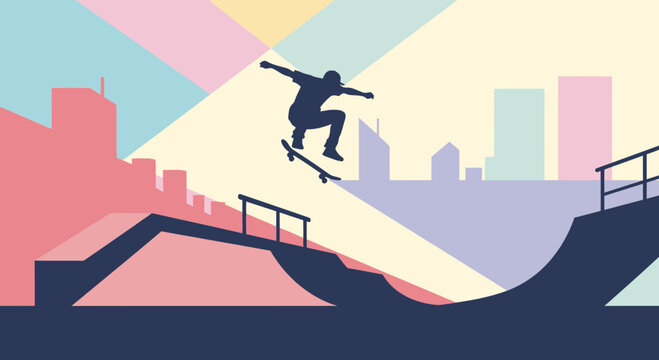 Silhouette of a skateboarder executing a dynamic midair jump trick.