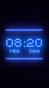 10 Minute Neon Digital Countdown Timer Animation on Brick Wall Background