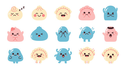 Fototapeta premium Cute Kawaii Dumpling Characters, Food Vector Icons, Flat Style