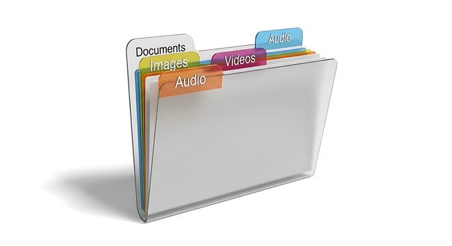 A digital file folder icon with multiple colorful tabs labeled for documents, images, and videos