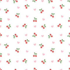 Minimalist seamless pattern with small pink cherries on white background. © misspin