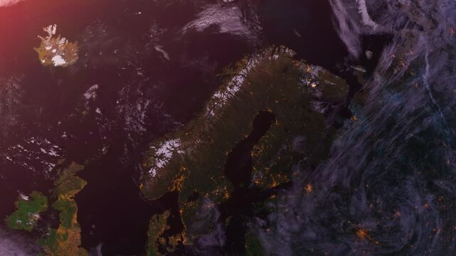 Norway Zoom in From Space at Sunset. Scandinavia and Northern Europe. Planet Earth. Globe
