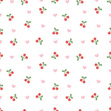Minimalist seamless pattern with small pink cherries on white background.