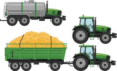 Fototapeta premium Green Agricultural Tractors and Heavy Duty Farm Machinery Set Including Water Tanker Truck and Trailer Loaded With Hay For Harvesting