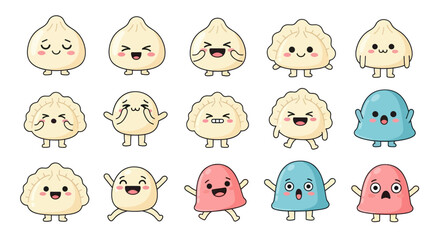 Cute Dumpling Characters - Kawaii Food Icons, Flat Design