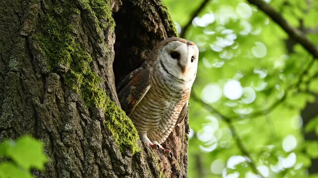 Barn Owl peeking from tree hollow in green forest