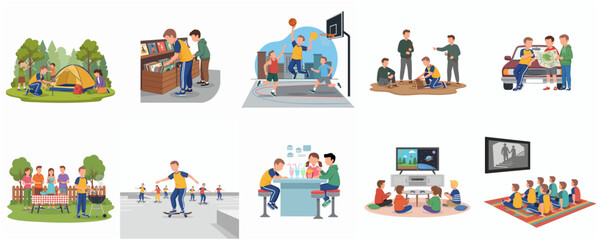 Naklejka premium Flat Illustration Set of Diverse Group Activities with People and Backgrounds