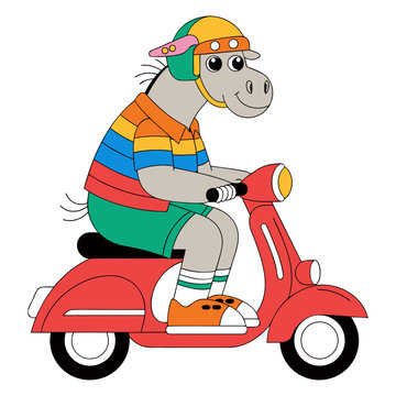 A cheerful donkey cruising on a vintage red scooter while wearing a vibrant rainbow-striped shirt and a safety helmet. This whimsical illustration captures the fun of travel and retro urban style.
