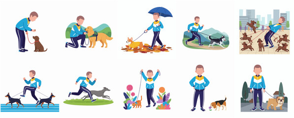 Fototapeta premium Simple Flat Style Character Man Doing Various Activity with Dog Set