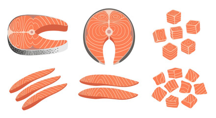 Fototapeta premium Fresh Salmon Fish Steak Slices and Cubes Flat Vector Illustration