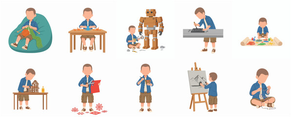 Fototapeta premium Flat Illustration Set Boy Doing Different Crafts and Hobbies Activity