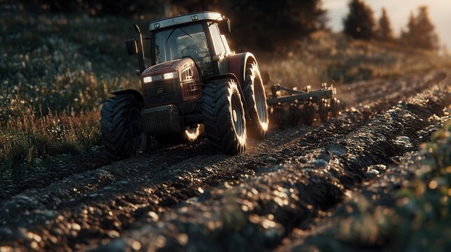 tractor working on farmland with brown soil, detailed machinery textures, agricultural scene in realistic photorealistic style