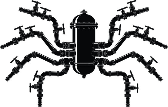 Industrial Spider Robot Concept Made of Water Pipes Valves and Steel Tank for Mechanical Engineering Infrastructure and Complex Plumbing Systems Illustration