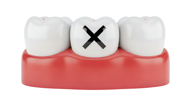 A red toothbrush with a single tooth and a black x mark on it isolated on transparent background