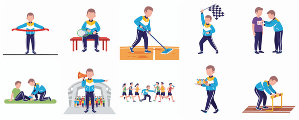 Fototapeta premium Flat Design Sport Event Staff and Athlete Activity Illustration Set