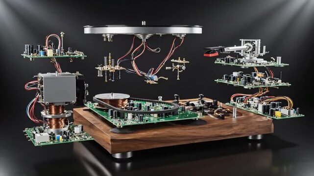 Exploded View Turntable Components, Vintage Audio Equipment, Retro Record Player, Analog Sound