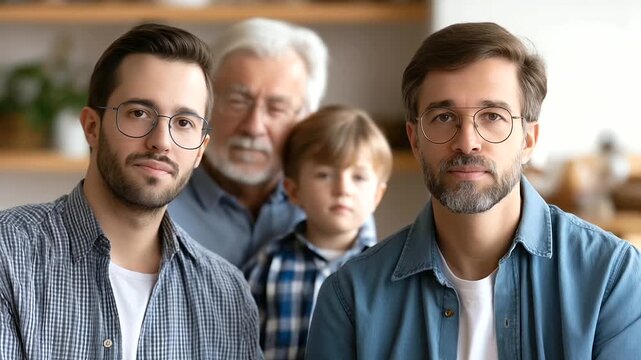 Gentle smiling men of different generations, warmth of family ties, intergenerational communication imagery, family traditions backdrop, male bonding across ages, grandfather and