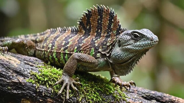 Closeup of a Basilisk Lizard perched on a mosscovered branch in a lush forest.
