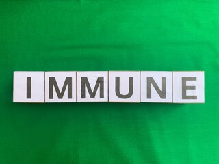Obraz premium The word IMMUNE spelled with white letter blocks on a green background. Concept of health, vaccination, medical protection, antibodies, and disease resistance. Flat lay top view.