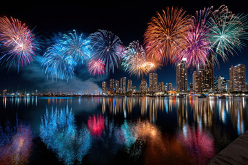 Obraz premium Fireworks over a city skyline reflected in water at night